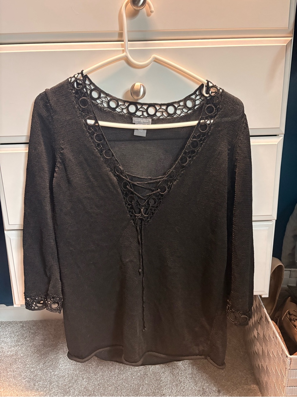 Ann Taylor Black Crochet-Trim Lace-Up V-Neck Tunic
